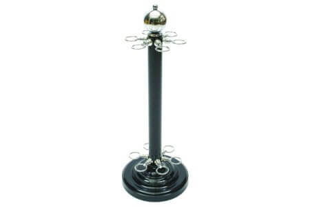 CUE STAND METAL BLACK & CHROME ROUND STAND WITH CHROME FITTINGS HOLDS 6 CUES